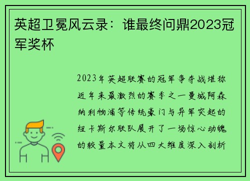 英超卫冕风云录：谁最终问鼎2023冠军奖杯